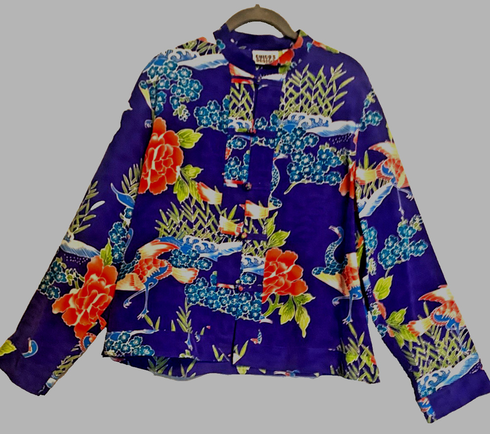 Chico’s 100% Silk Crane Floral Jacket Blouse Size 1 S M Blue Vintage Asian Art